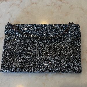 J. Crew Sparkling Black and Silver Clutch with metal strap NWOT